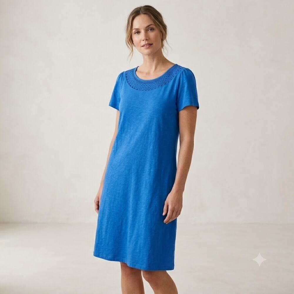 Talbots plus size 1X blue short sleeve pullover shirt dress crochet neck cotton